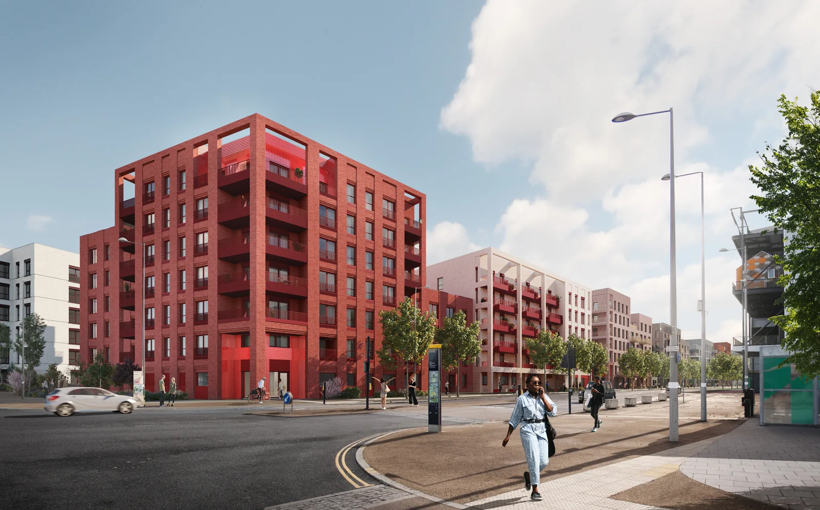 Red-brick residential buildings and a public street at East Wick in London